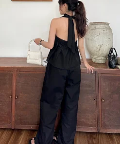 Quần linen dài nữ ống rộng cạp chun rút dây eo