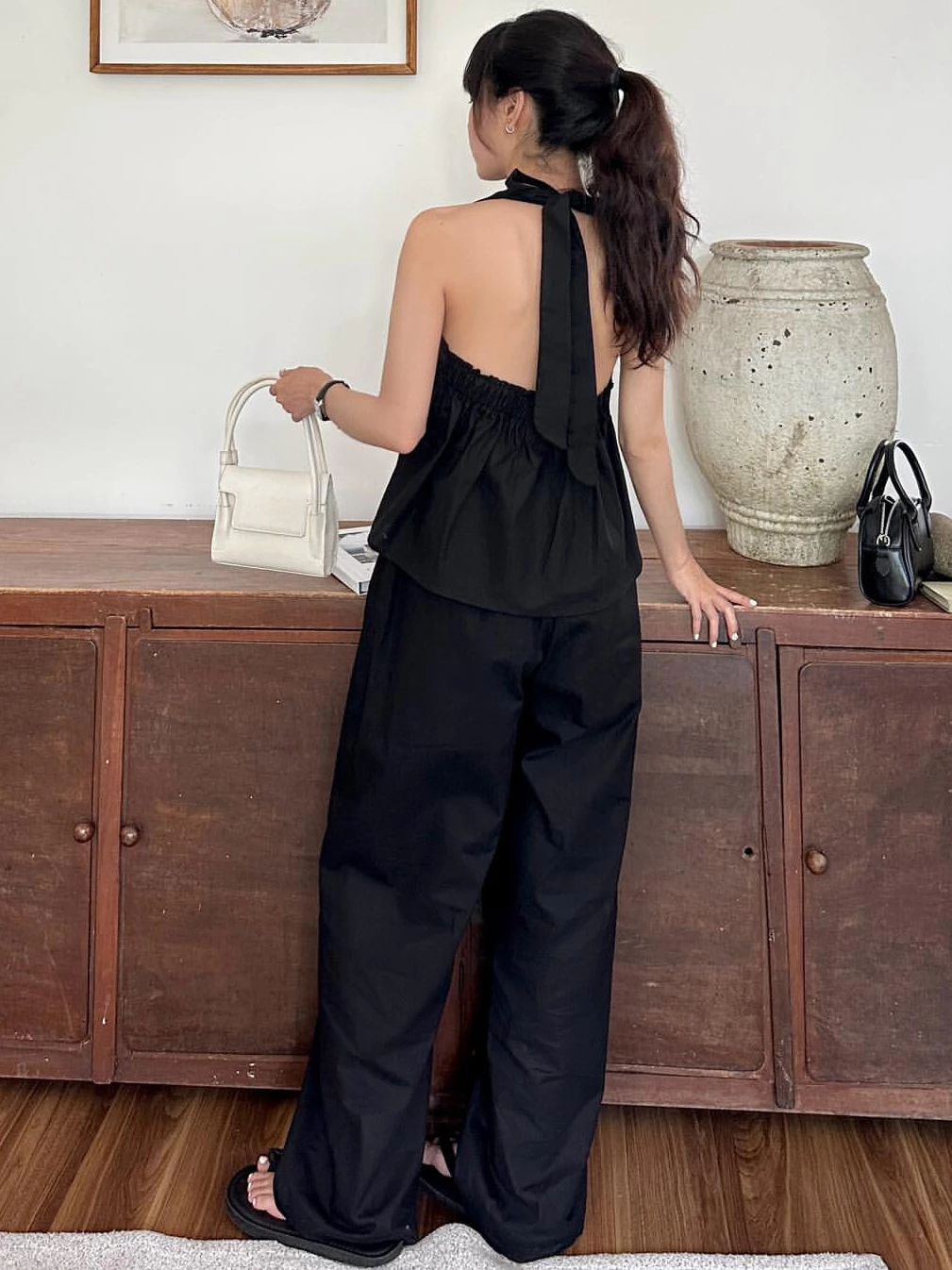 Quần linen dài nữ ống rộng cạp chun rút dây eo