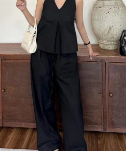 Quần linen dài nữ ống rộng cạp chun rút dây eo