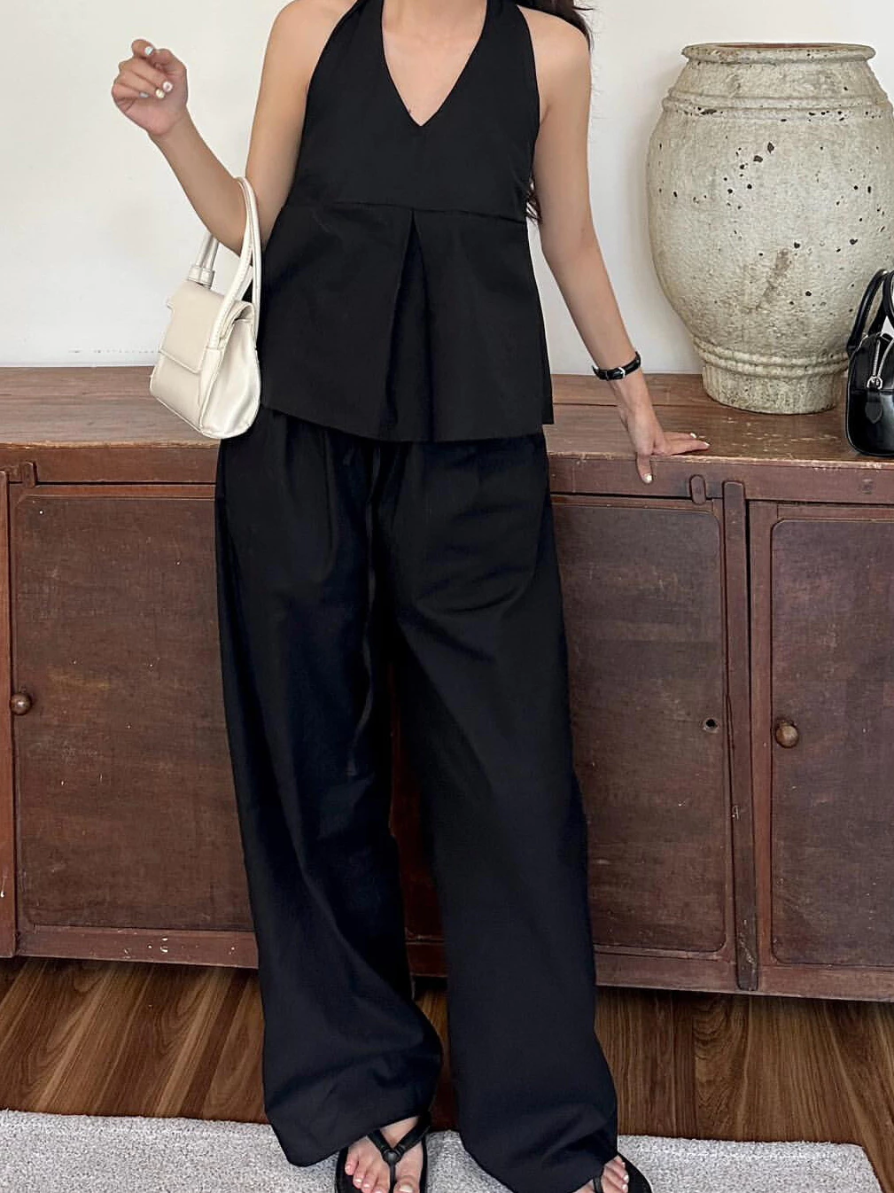 Quần linen dài nữ ống rộng cạp chun rút dây eo