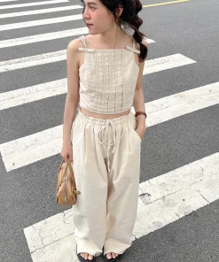 Quần linen dài nữ ống rộng cạp chun rút dây eo