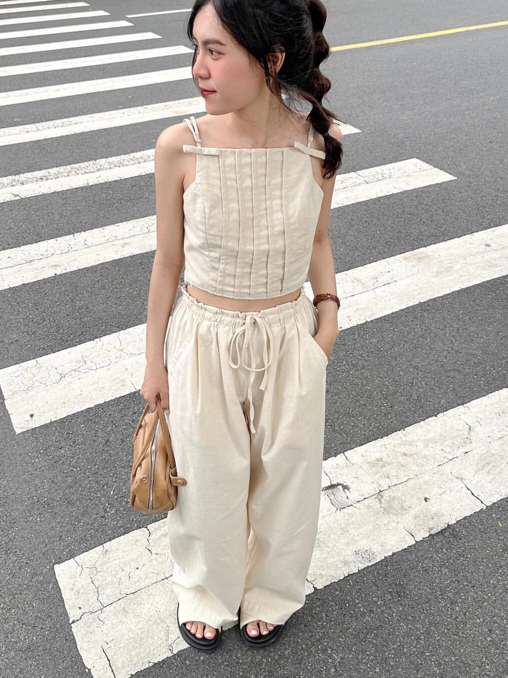 Quần linen dài nữ ống rộng cạp chun rút dây eo