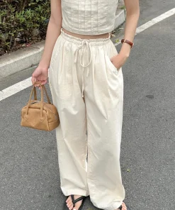 Quần linen dài nữ ống rộng cạp chun rút dây eo