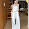 Quần linen dài nữ ống rộng cạp chun rút dây eo