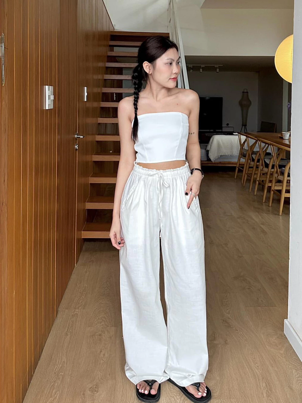 Quần linen dài nữ ống rộng cạp chun rút dây eo