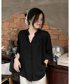 Áo Sơ Mi Linen Nữ Dài Tay Thiết Kế Cổ Tàu