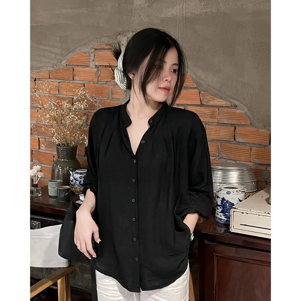 Áo Sơ Mi Linen Nữ Dài Tay Thiết Kế Cổ Tàu