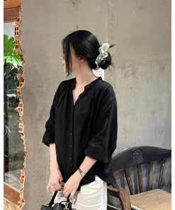 Áo Sơ Mi Linen Nữ Dài Tay Thiết Kế Cổ Tàu