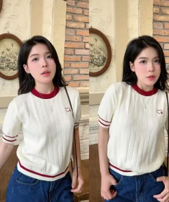 Áo len lông thỏ cộc tay mùa hè cổ tròn