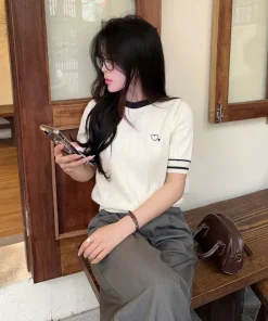 Áo len lông thỏ cộc tay mùa hè cổ tròn