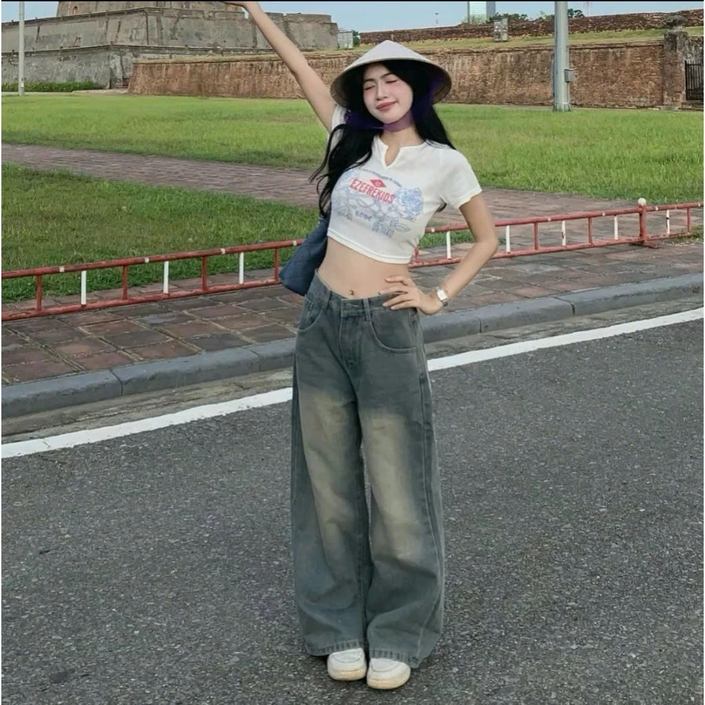 Quần jean bò ống xuông nữ xuông style Hàn Quốc